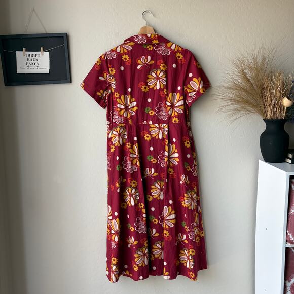 Toast Red Retro Floral Print Aster Short Sleeve Button Up Midi Shirt Dress 10 - Picture 6 of 8